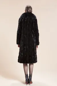 Detailed back view of a long black faux mink fur coat with thick texture and glossy finish