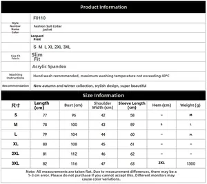 Size chart for leopard faux fur coat showing S-3XL measurements and washing instructions