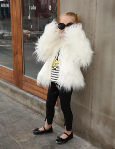 Chic kids' faux fur white coat paired with striped top and black trousers set