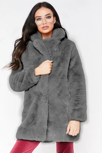 Detail view of the thick plush texture and large lapel of this grey faux fur coat