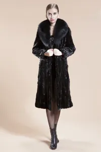 Mid-length black faux mink fur coat with large lapel collar and thick textured finish