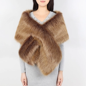 Elegant brown faux fur cross shawl scarf for bridal wear and winter evening dresses