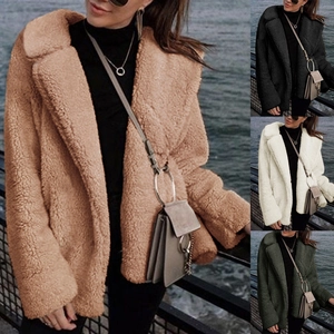 Collage of plush teddy coats in camel, black, white, and dark green colors