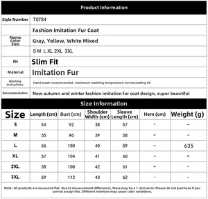 Guide des tailles pour veste en fausse fourrure femme du S au 3XL avec mesures détaillées