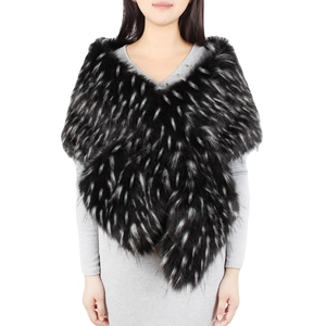 Elegant faux fur shawl wrap in black with silver tips for wedding or evening dress decor
