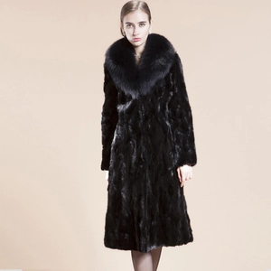 Luxurious long black faux mink fur coat for women with large collar and dense texture