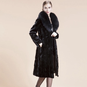 Elegant black faux mink fur coat for women with large collar and textured wave pattern