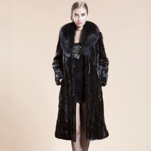 Luxurious long black faux fur coat for women with large collar and mink-like texture