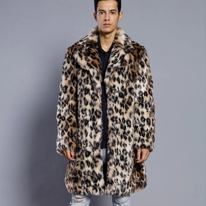 Manteau en Fausse Fourrure Imprimé Léopard pour Homme Mi-Long Col Tailleur Chaud Hiver Streetwear