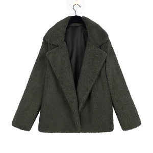 Detail of dark olive green faux shearling coat showing plush texture and notch lapel