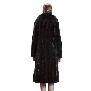 Luxurious long black faux mink fur coat for women with sleek H-line silhouette back view