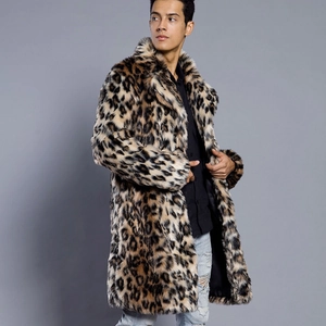 Manteau léopard en fausse fourrure pour homme avec col à revers, style hiver chaud mi-long