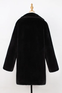 Detail view of the black faux fur coat back, showcasing dense glossy texture and straight cut