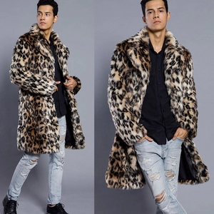Manteau en fausse fourrure léopard pour homme avec col à revers et doublure satin