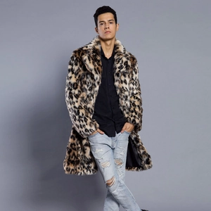 Manteau en fausse fourrure léopard pour homme avec col à revers classique et coupe mi-longue