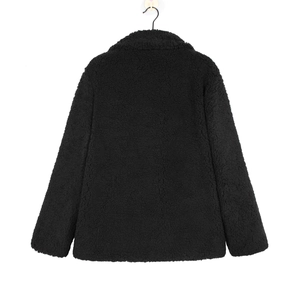 Back view of black faux fur jacket with textured curly fleece and warm winter material