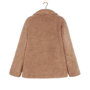 Back view of brown faux shearling jacket showing plush texture and notch collar
