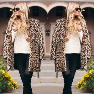 Women's Leopard Print Faux Fur Coat Autumn Winter Fashion Mid-Length Notched Lapel Thick Artificial Fur Jacket Outwear