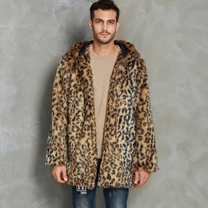 Men Leopard Print Faux Fur Hooded Coat Winter Warm Plush Mid-Length Jacket Thick Streetwear Outerwear Luxury Overcoat For Men
