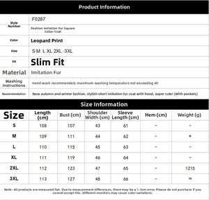 Detailed size chart for men's leopard print faux fur coat with measurements from S to 3XL
