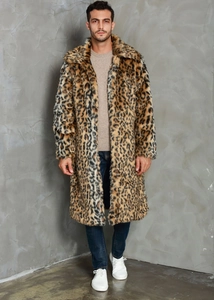 Detailed texture of men's long faux fur coat featuring a bold brown leopard print pattern