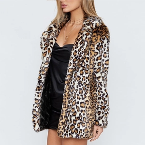 Manteau chic en fausse fourrure à imprimé léopard avec col à revers et manches longues