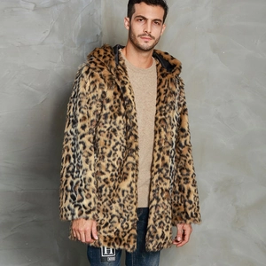 Mens faux fur leopard print hooded jacket with plush texture and warm lining