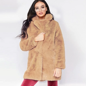 Women's mid-length faux fur coat in light brown with wide lapels and thick warm texture