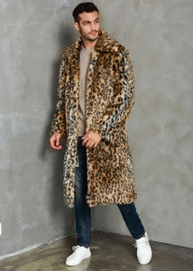 Close-up of leopard print faux fur coat material and texture for men's winter style