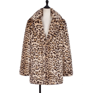 Women's faux fur leopard print coat with notched lapel and fluffy warm texture