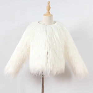 Detail shot of white faux fur texture on kids cropped winter coat with round collar