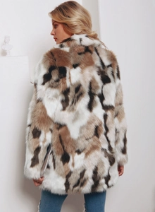 Rear view of long sleeve faux fur coat featuring a stylish mixed brown and white camo pattern
