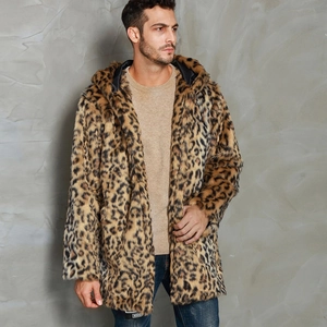 Men's leopard print faux fur coat with warm hood and plush texture in mid-length style