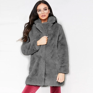 Women's dark grey faux fur coat in mid-length loose fit with lapel collar