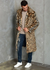 Detailed texture of men's long leopard faux fur coat with a large square collar