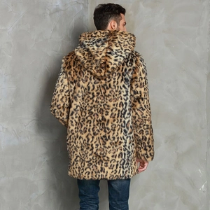 Men's leopard print faux fur hooded coat with thick plush texture in mid-length style