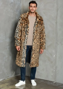 Full view of men's faux fur long coat featuring leopard print and classic lapel collar