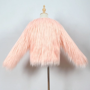 Detailed back view of a pink faux fur kids jacket showing soft shaggy plush texture