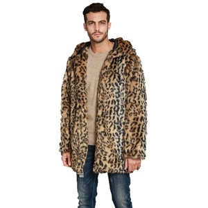 Men's winter faux fur coat featuring leopard print and hood design for casual fashion style