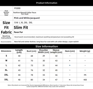 Detailed size chart for kids faux fur coat showing length, chest, and sleeve measurements