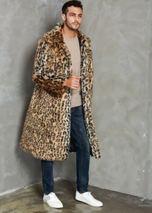 Detail of men's faux leopard fur long coat with large lapels and plush texture finish