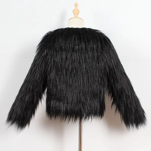 Macro shot showing the fluffy long faux fur texture of the black child coat detail