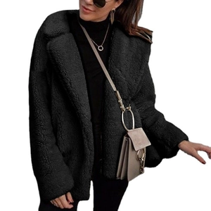 Women's black teddy fur coat with lapel collar and loose fit for autumn and winter