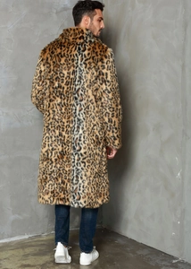 Side view of a men's faux fur leopard print coat featuring a longline tailored silhouette
