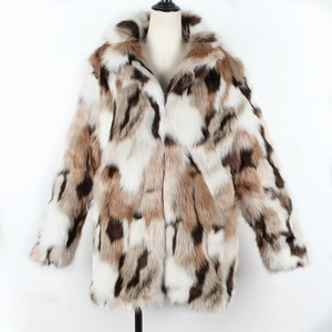 Detailed close-up showing the thick faux fur texture and mixed brown abstract patterns