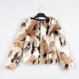 Veste courte en fausse fourrure pour femmes avec motif marbré beige et brun