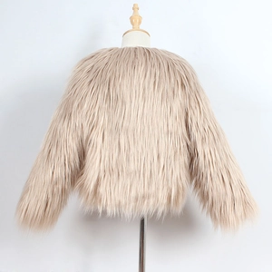 Detailed back view of plush faux sheepskin fur jacket for kids in champagne color
