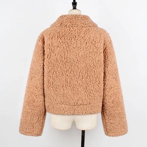 Detailed back view of a camel faux lamb wool jacket showing the thick and soft plush texture