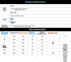 Detailed size chart for men faux fur long coat with suit collar and dimensions from S to 3XL