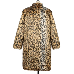 Back view of a long faux fur coat with bold leopard print and a square collar design